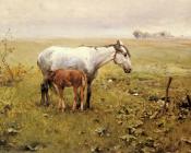 A Mare and her Foal in a Landscape - 阿尔弗雷德·冯·维雷斯·科瓦尔斯基